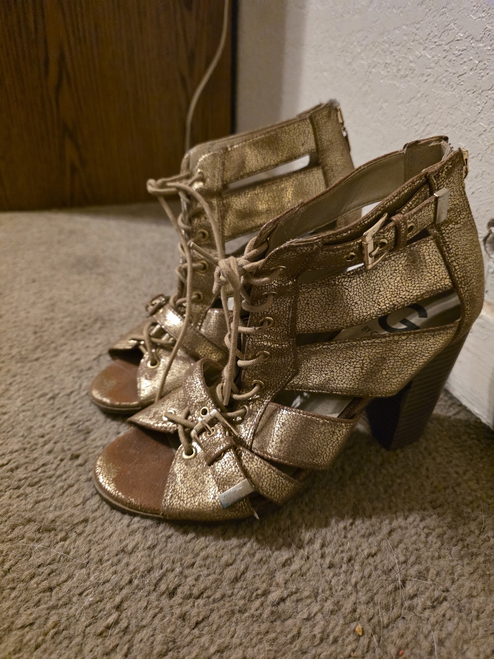 G by Guess Metallic Gold Lace-Up Peep Toe Heeled Boots